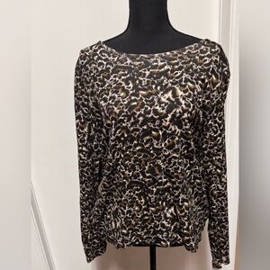 Time and Tru Leopard Print Long Sleeve Top - Black, Brown, Cream